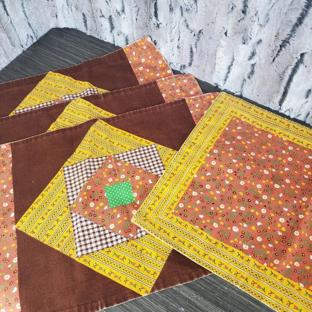 MCM Set Of 4 Faux Quilted Fabric Placemats - Brown Orange Yellow Floral Kitschy